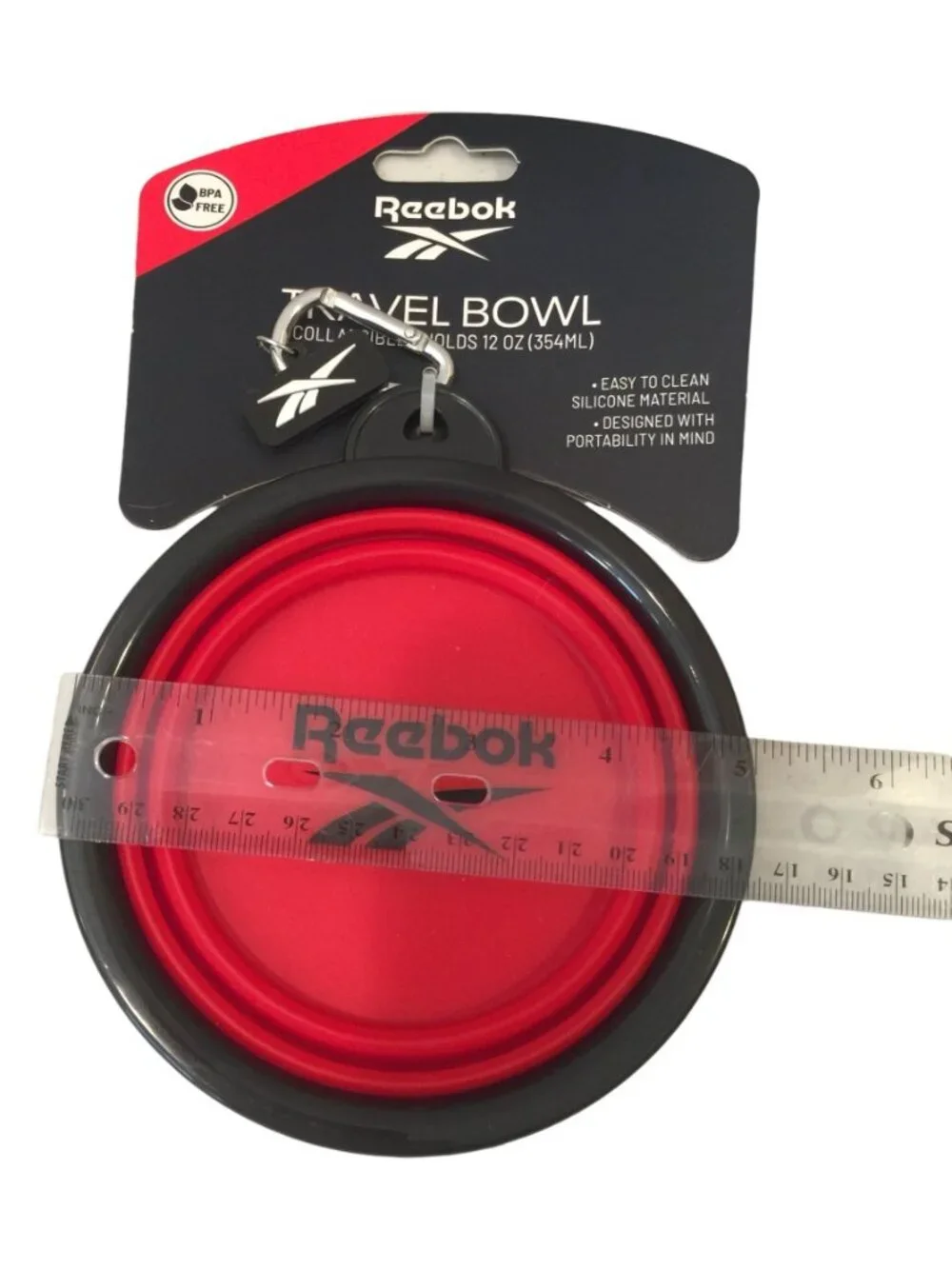 REEBOK Travel Pet Bowl Red Expandable Silicone BPA FREE Silvertone Carabiner Hol